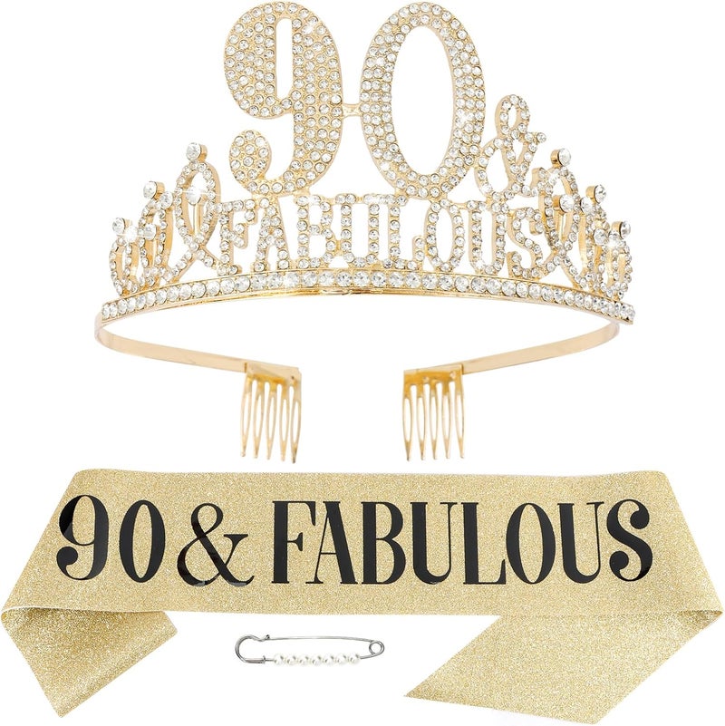 Hapdoo 90th Birthday Decorations for Women, 90th Birthday Sash and Tiara for Women, Happy 90 and Fabulous Birthday Decorations - Image 1